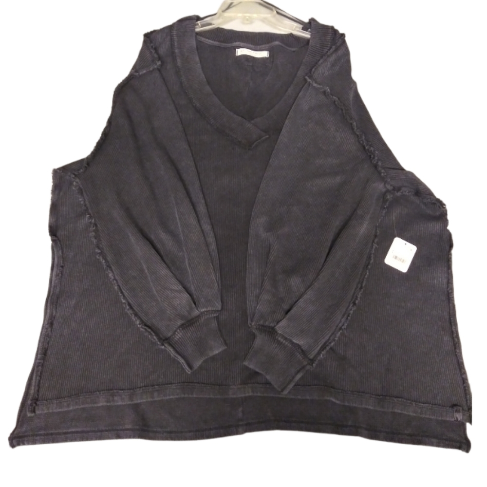 Free People Asher Thermal Knit Vneck Top Black NWT - Picture 12 of 13